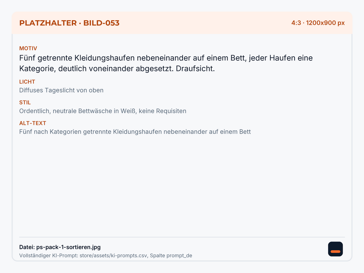 Fünf nach Kategorien getrennte Kleidungshaufen nebeneinander auf einem Bett