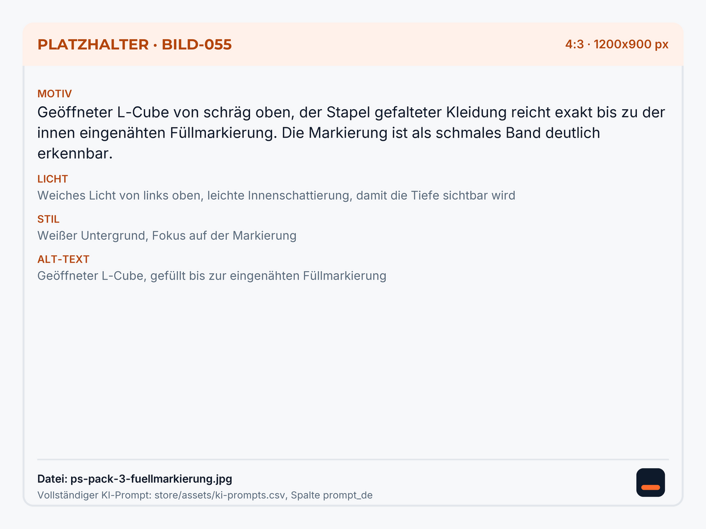 Geöffneter L-Cube, gefüllt bis zur eingenähten Füllmarkierung