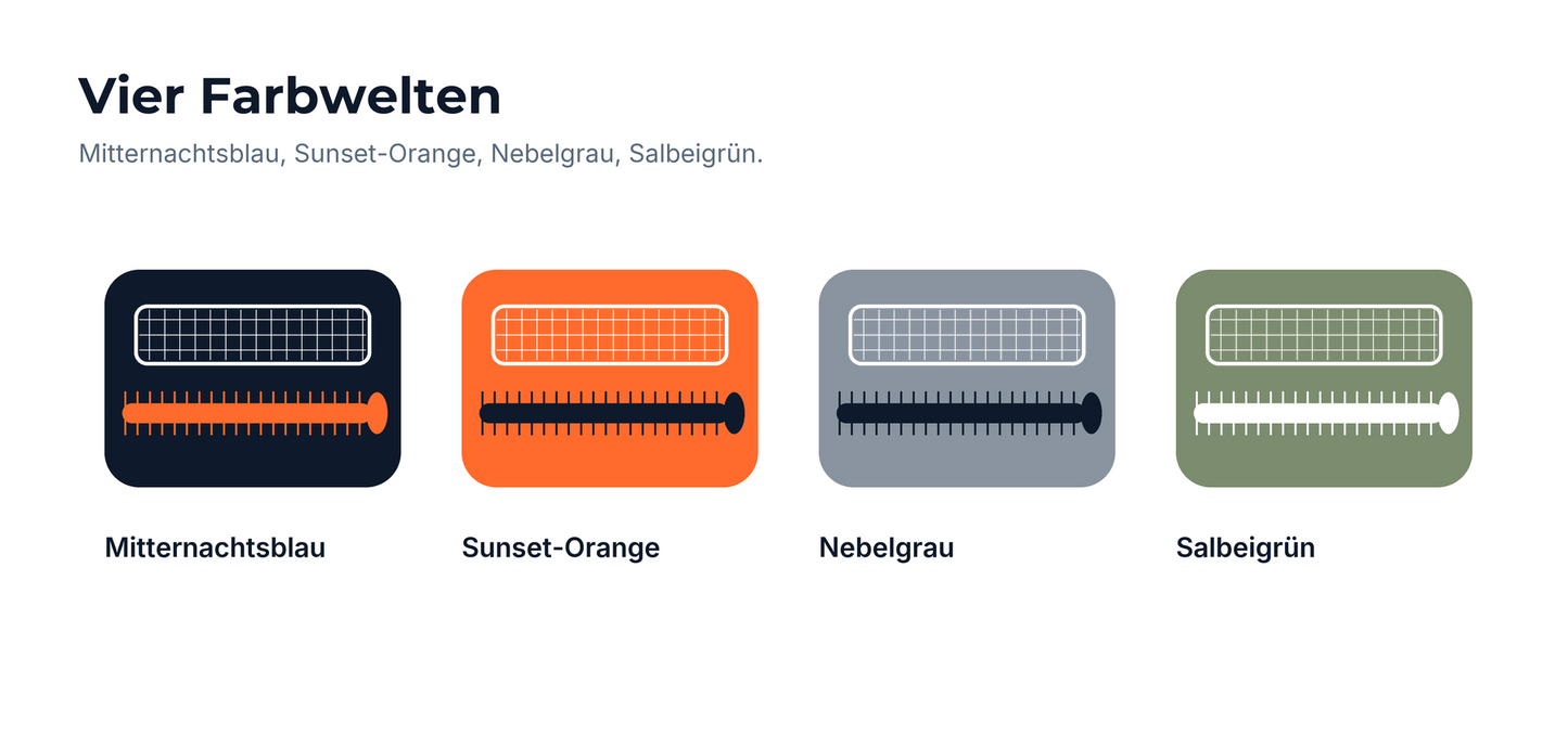 Vier Travelcubes in Mitternachtsblau, Sunset-Orange, Nebelgrau und Salbeigrün