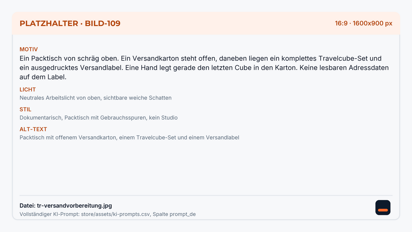 Packtisch mit offenem Versandkarton, einem Travelcube-Set und einem Versandlabel