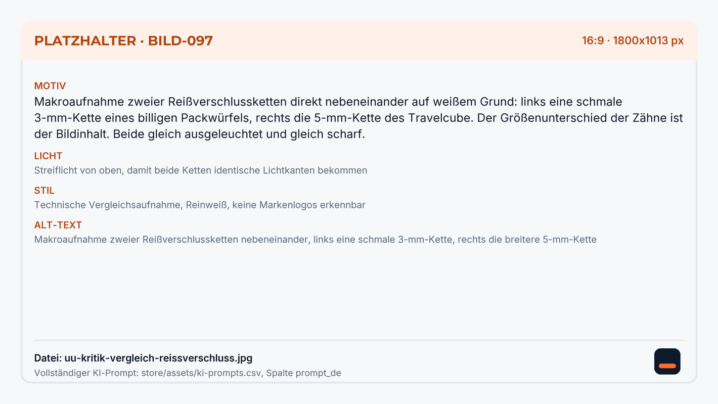 Makroaufnahme zweier Reißverschlussketten nebeneinander, links eine schmale 3-mm-Kette, rechts die breitere 5-mm-Kette