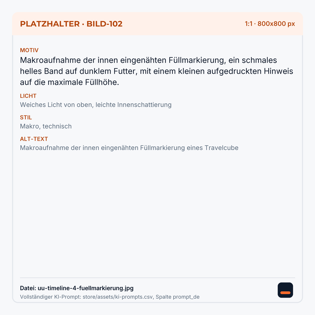 Makroaufnahme der innen eingenähten Füllmarkierung eines Travelcube